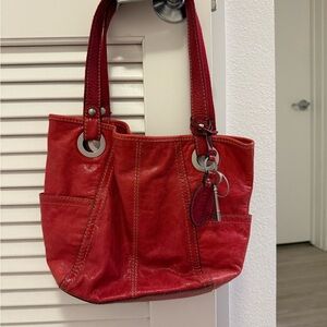 Fossil Red Leather Shoulder Tote with Ring Accent